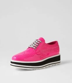 Sansi Hot Pink Patent Leather Lace Up Flats -Lynx Shoes Shop TO10686PBUPL 3