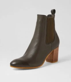 Usset Olive Elastic Leather Ankle Boots -Lynx Shoes Shop TO13294H8163 3