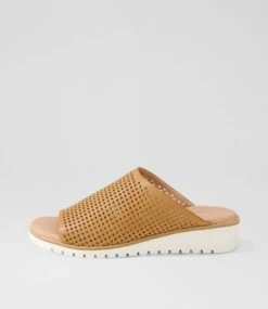 Gloriah Dark Tan White Leather Slides