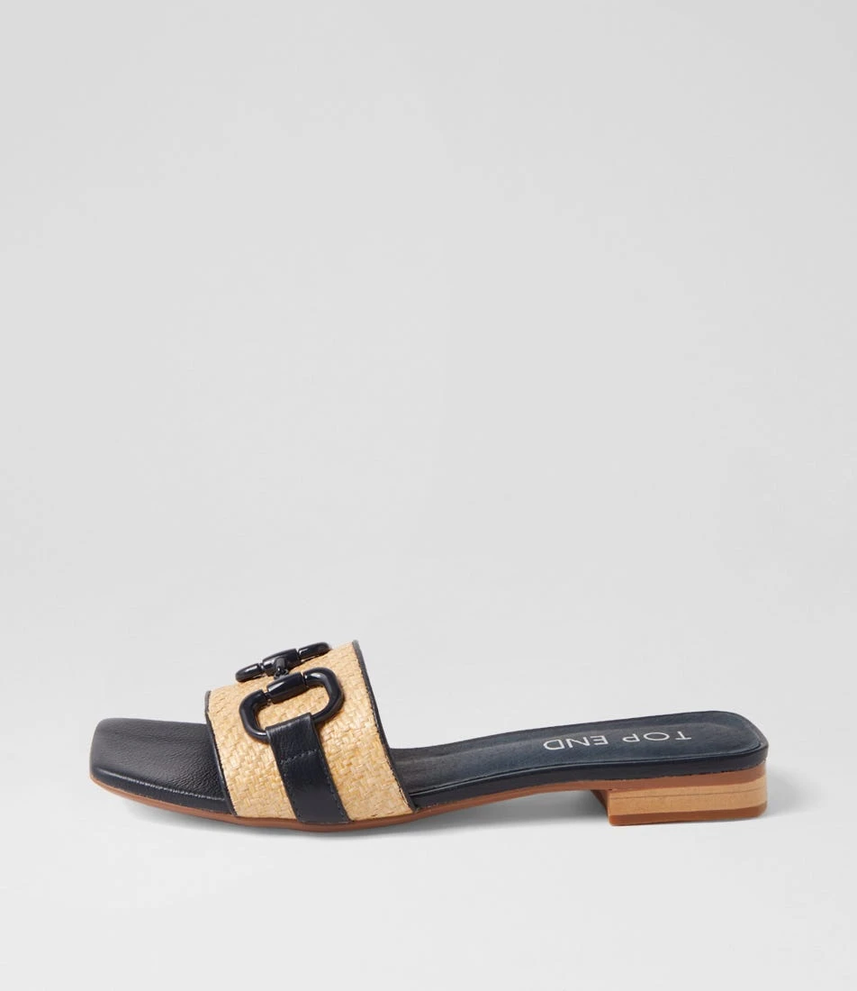 Kuzil Navy Natural Synthetic Raffia Leather Slides 3 Kuzil Navy Natural Synthetic Raffia Leather Slides