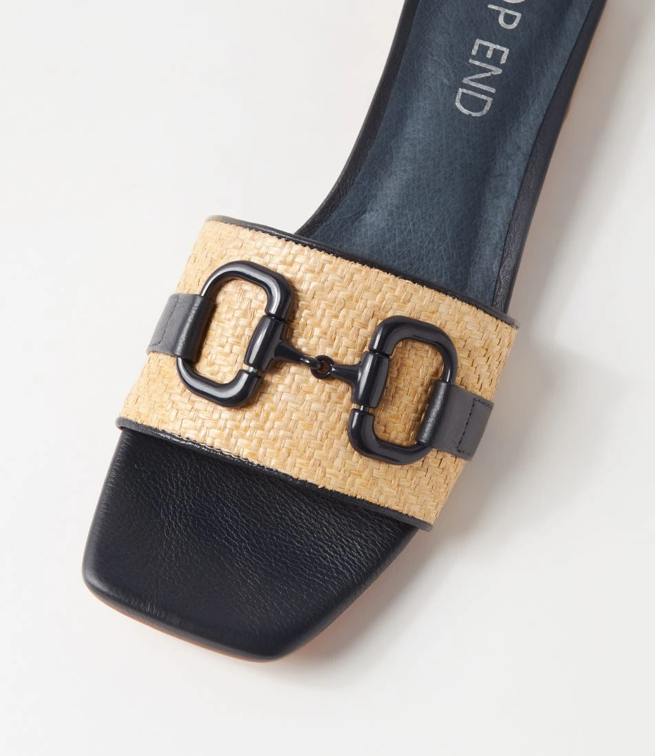 Kuzil Navy Natural Synthetic Raffia Leather Slides 6 Kuzil Navy Natural Synthetic Raffia Leather Slides - Image 4