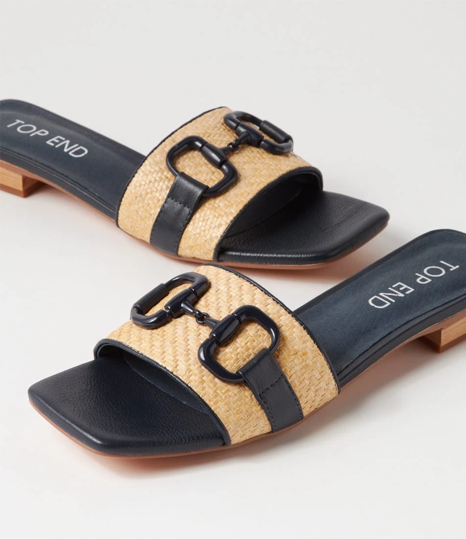 Kuzil Navy Natural Synthetic Raffia Leather Slides 7 Kuzil Navy Natural Synthetic Raffia Leather Slides - Image 5